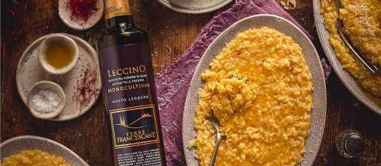 Terre Francescane LECCINO olio extra vergine di oliva italiano mono varietale e risotto allo zafferano