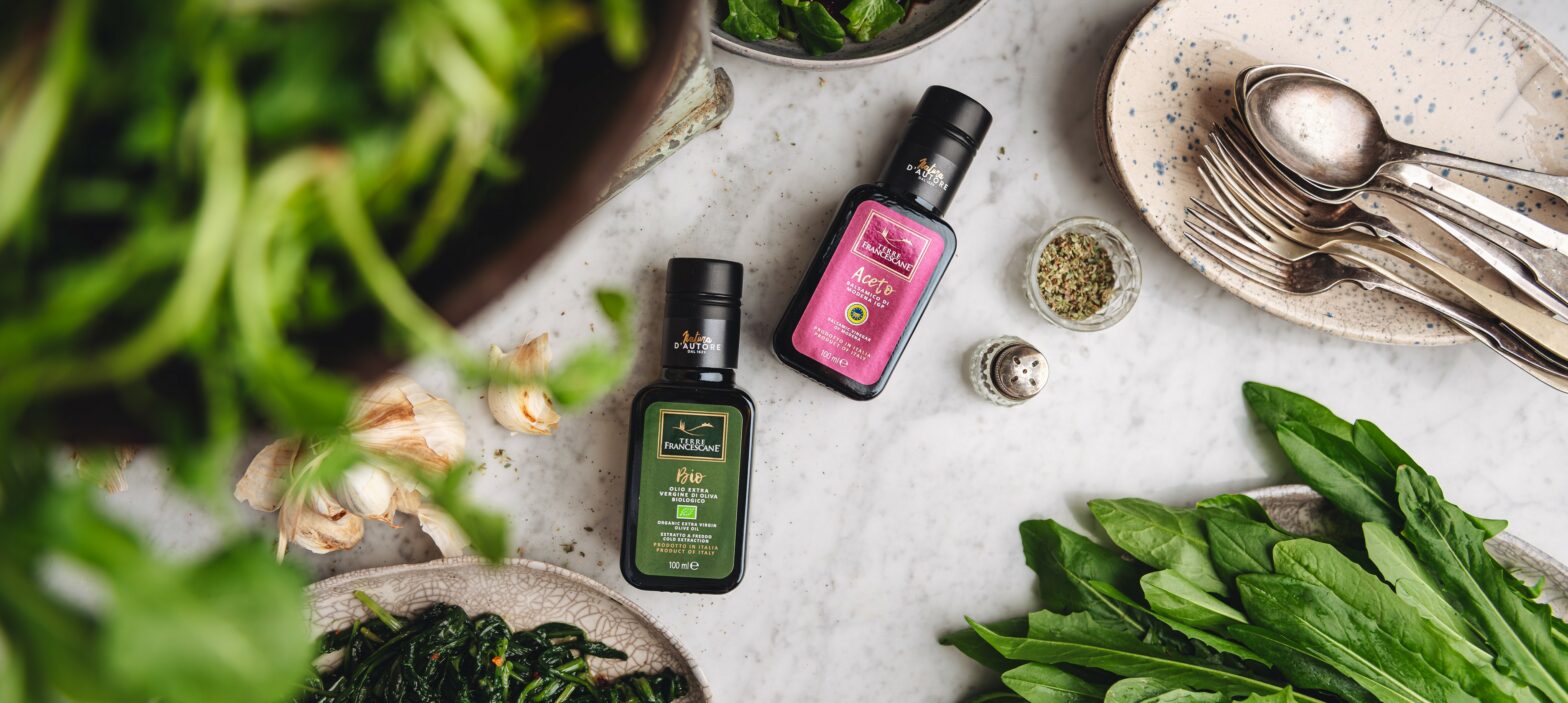 photograph of Terre Francescane BIO 1000 ml italian organic extra virgin olive oil and Terre Francescane Balsamic Vinegar of Modena 100ml